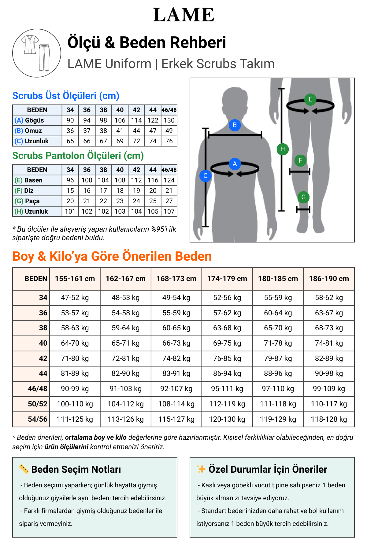 Erkek 1002 V Yaka Takım Scrubs Beden Tablosu