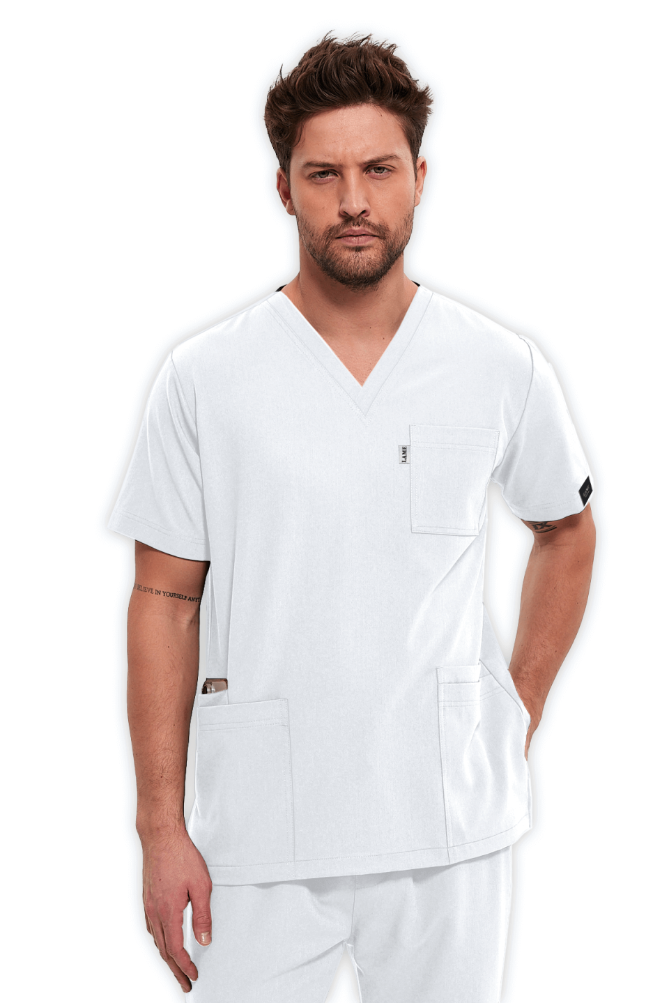 LAME Uniform Erkek Scrubs Üst 5–Cepli – Beyaz