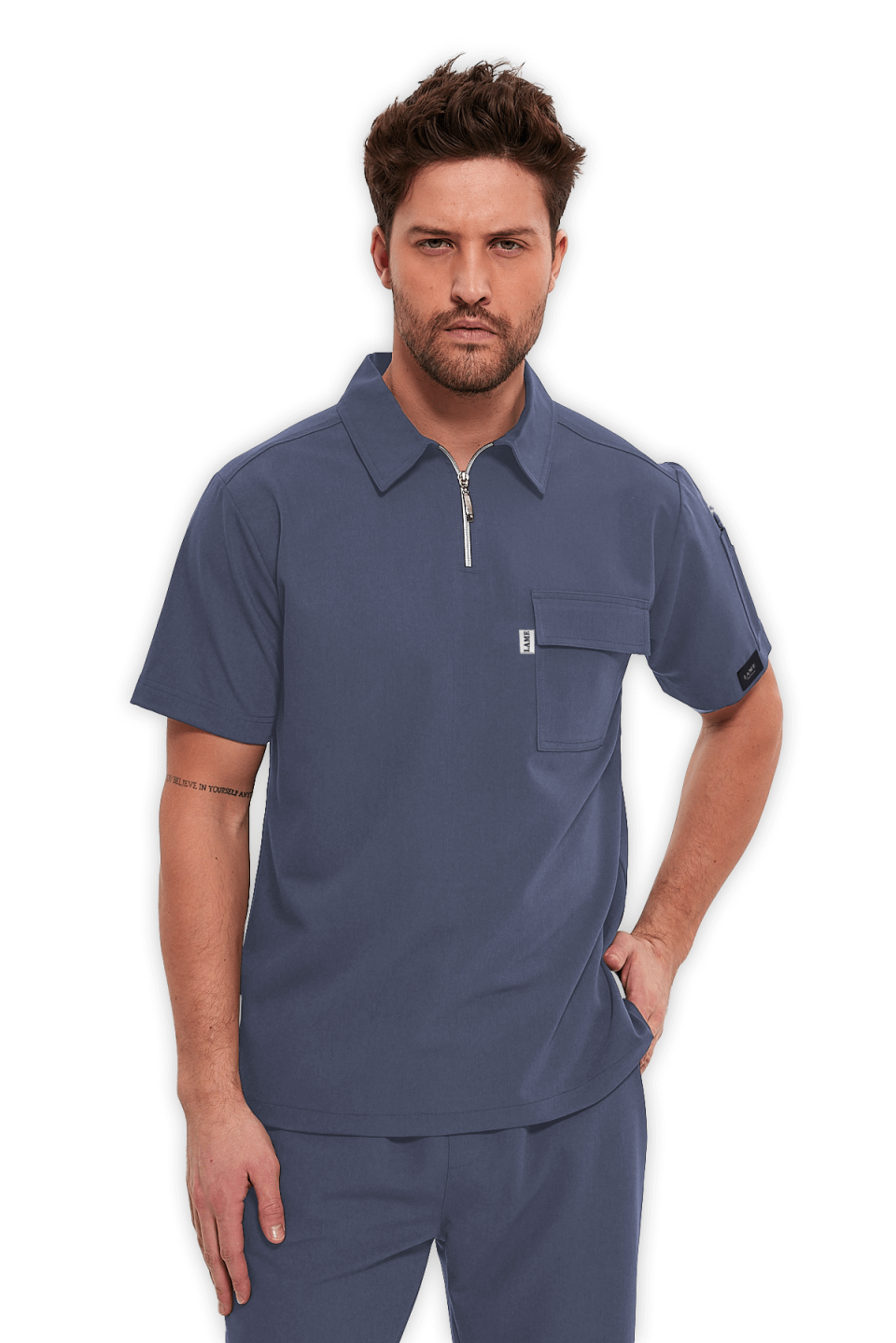LAME Uniform Erkek Scrubs Üst Polo Yaka Fermuarlı – Açık Gri