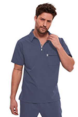 LAME Uniform Erkek Scrubs Üst Polo Yaka Fermuarlı – Açık Gri