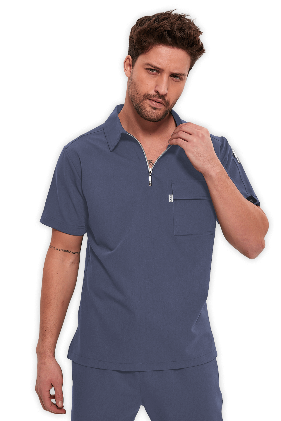 LAME Uniform Erkek Scrubs Üst Polo Yaka Fermuarlı – Açık Gri