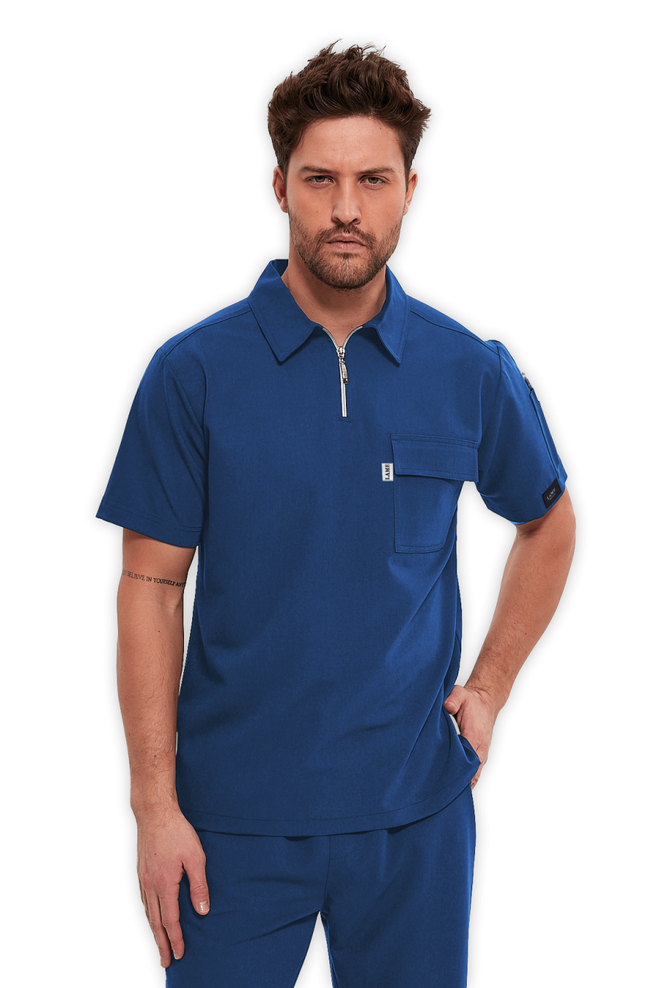 LAME Uniform Erkek Scrubs Üst Polo Yaka Fermuarlı – Petrol Mavisi