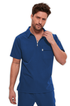 LAME Uniform Erkek Scrubs Üst Polo Yaka Fermuarlı – Petrol Mavisi