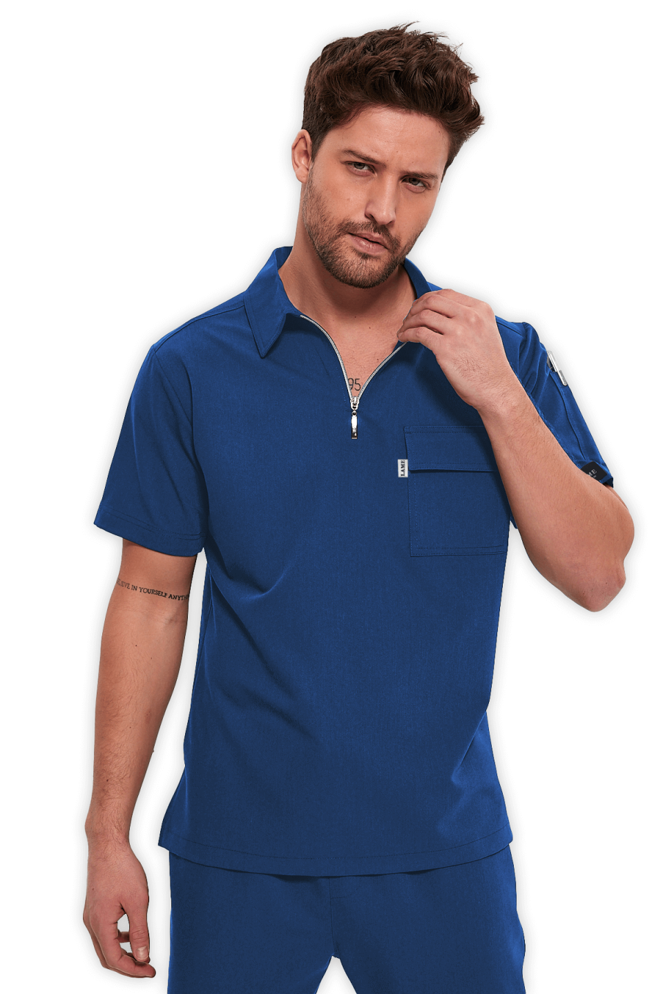LAME Uniform Erkek Scrubs Üst Polo Yaka Fermuarlı – Petrol Mavisi