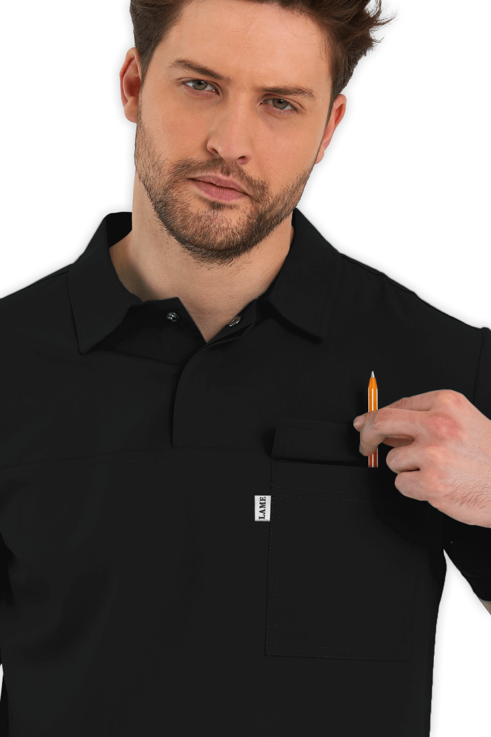 LAME Uniform Erkek Scrubs Üst Polo Yaka – Siyah