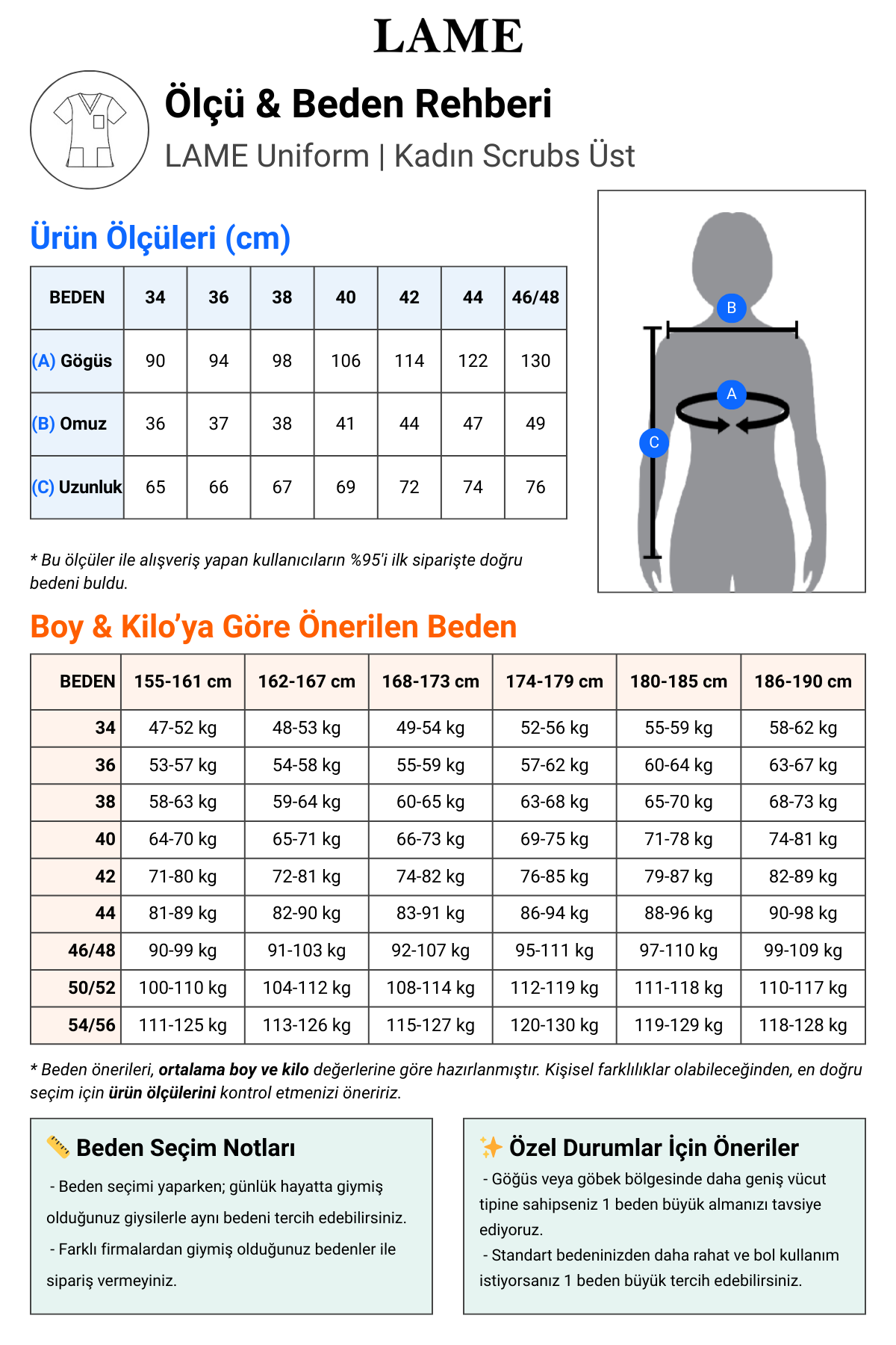 Kadın 1002 V Yaka Üst Scrubs Beden Tablosu