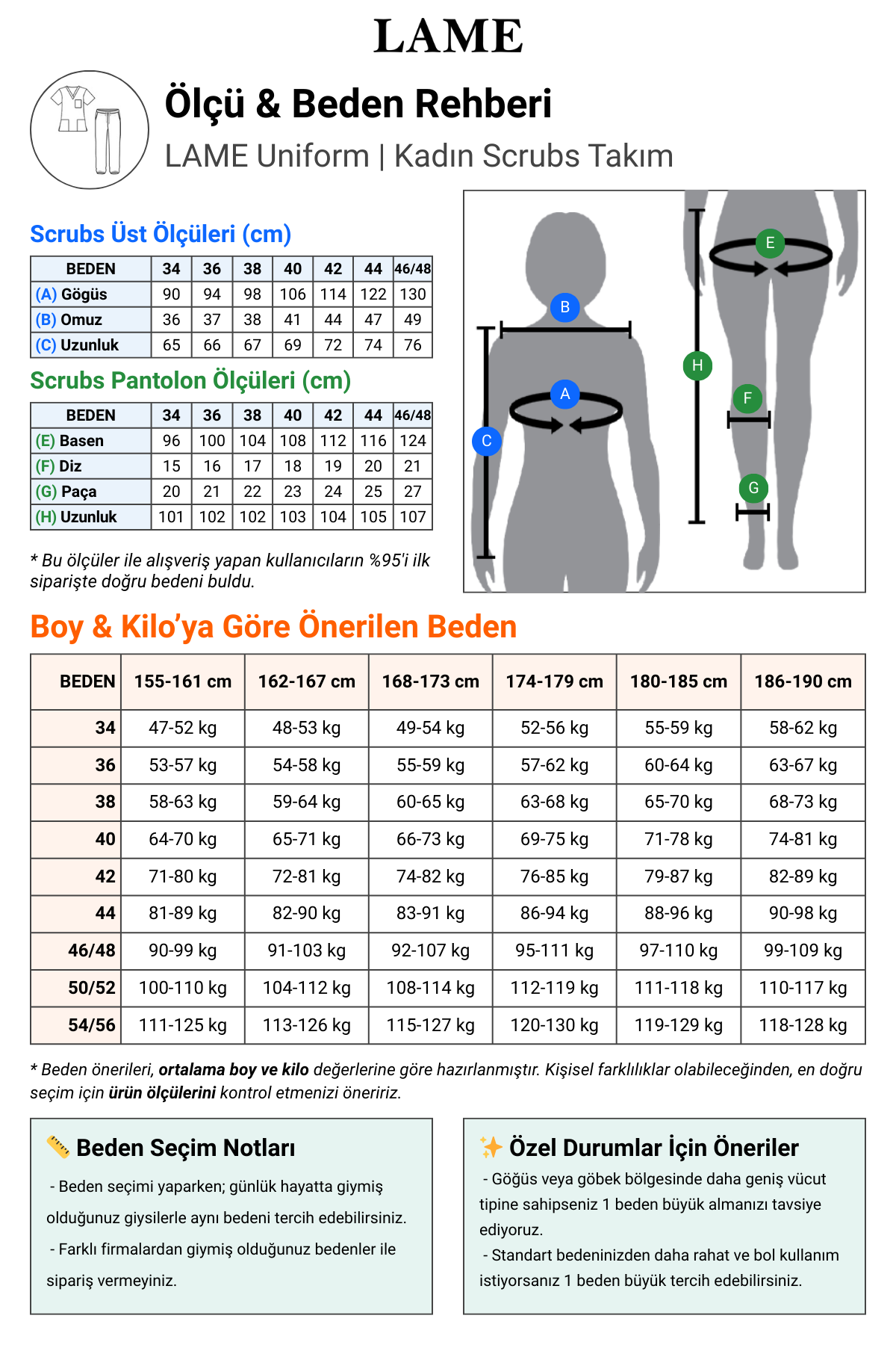 Kadın 1002 V Yaka Takım Scrubs Beden Tablosu