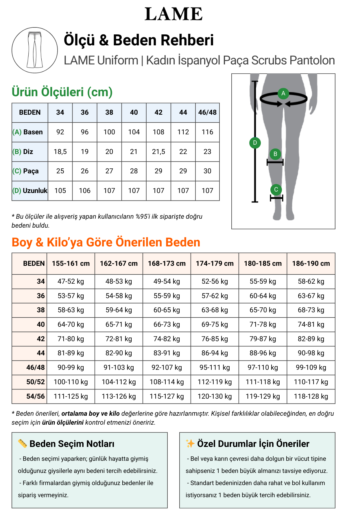 Kadın 2007 İspanyol Paça Pantolon Scrubs Beden Tablosu
