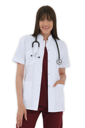 LAME Uniform Kadın Doktor Önlüğü Hakim Yaka Ceket Boy – Beyaz