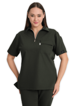 LAME Uniform Kadın Scrubs Üst Polo Yaka Fermuarlı – Haki