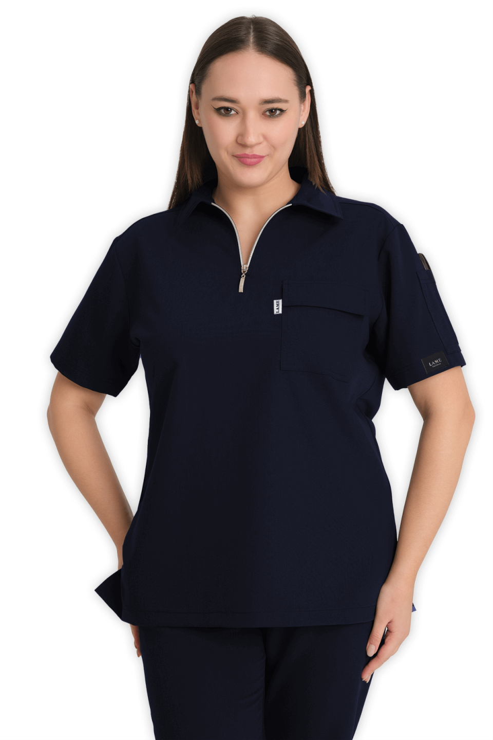 LAME Uniform Kadın Scrubs Üst Polo Yaka Fermuarlı – Lacivert