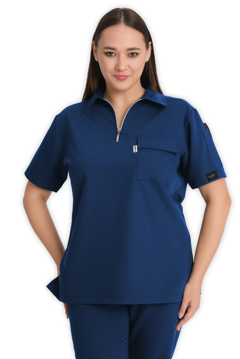 LAME Uniform Kadın Scrubs Üst Polo Yaka Fermuarlı – Petrol Mavisi