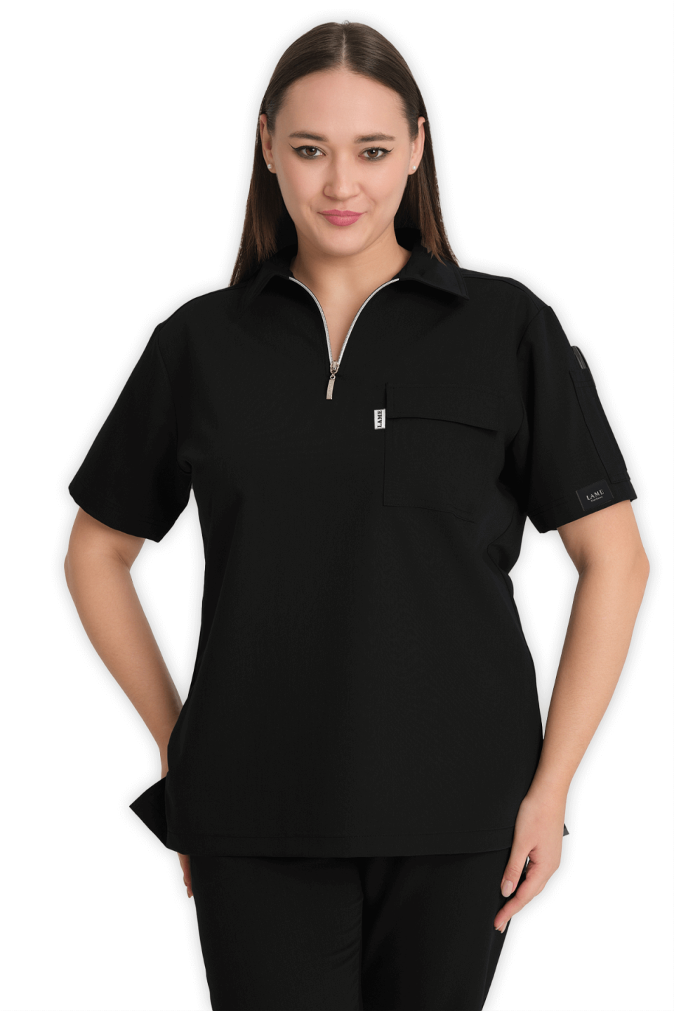 LAME Uniform Kadın Scrubs Üst Polo Yaka Fermuarlı – Siyah
