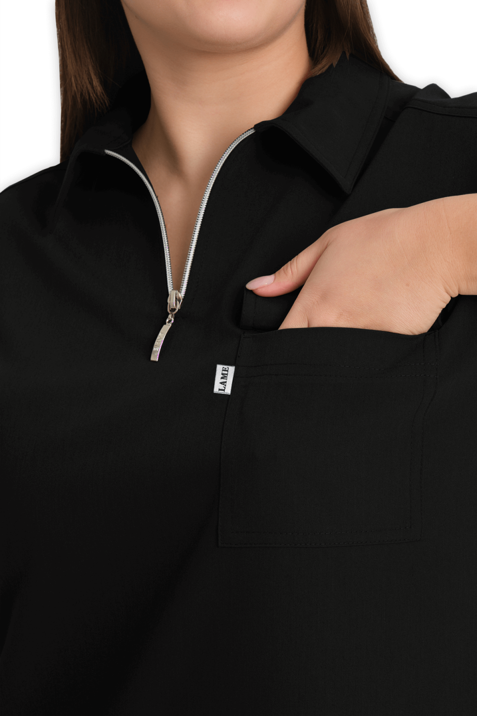 LAME Uniform Kadın Scrubs Üst Polo Yaka Fermuarlı – Siyah