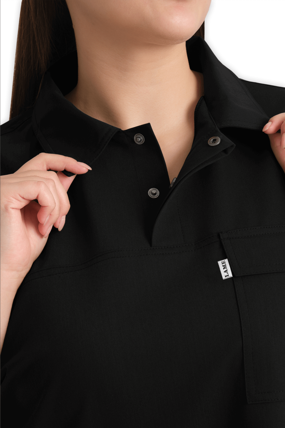 LAME Uniform Kadın Scrubs Üst Polo Yaka – Siyah